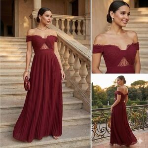 NWT ASOS Elegant Red Pleated Off-Shoulder Maxi Dress